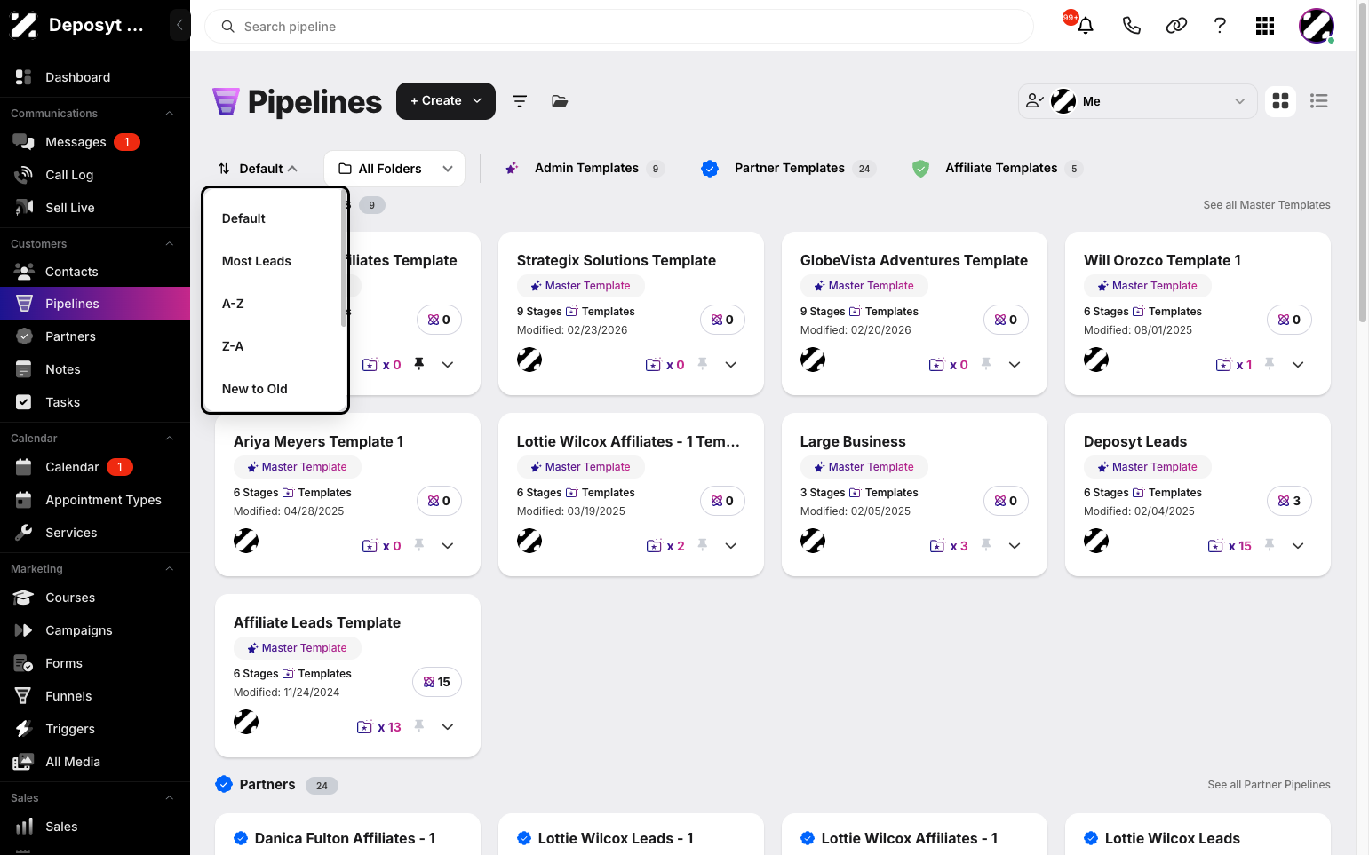 Step 3: It will now show options to sort by Default, Most Leads, Alphabetically (A–Z or Z–A), Date (New to Old or Old to New), or by Partners or Affiliates. Click on your chosen sorting option, and your pipelines will be sorted accordingly.