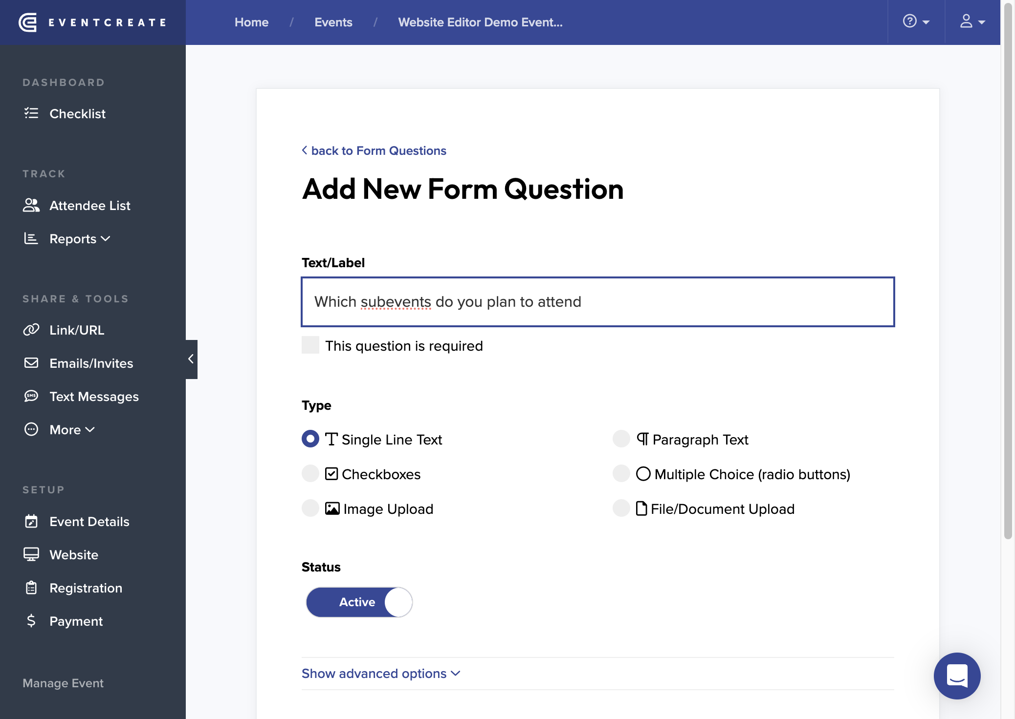 Create a new form question with subevent details