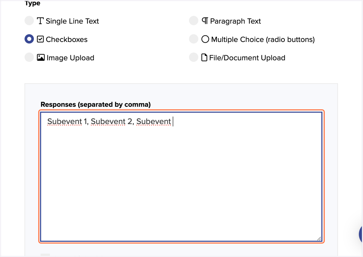Type "Subevent 1, Subevent 2, Subevent 3"