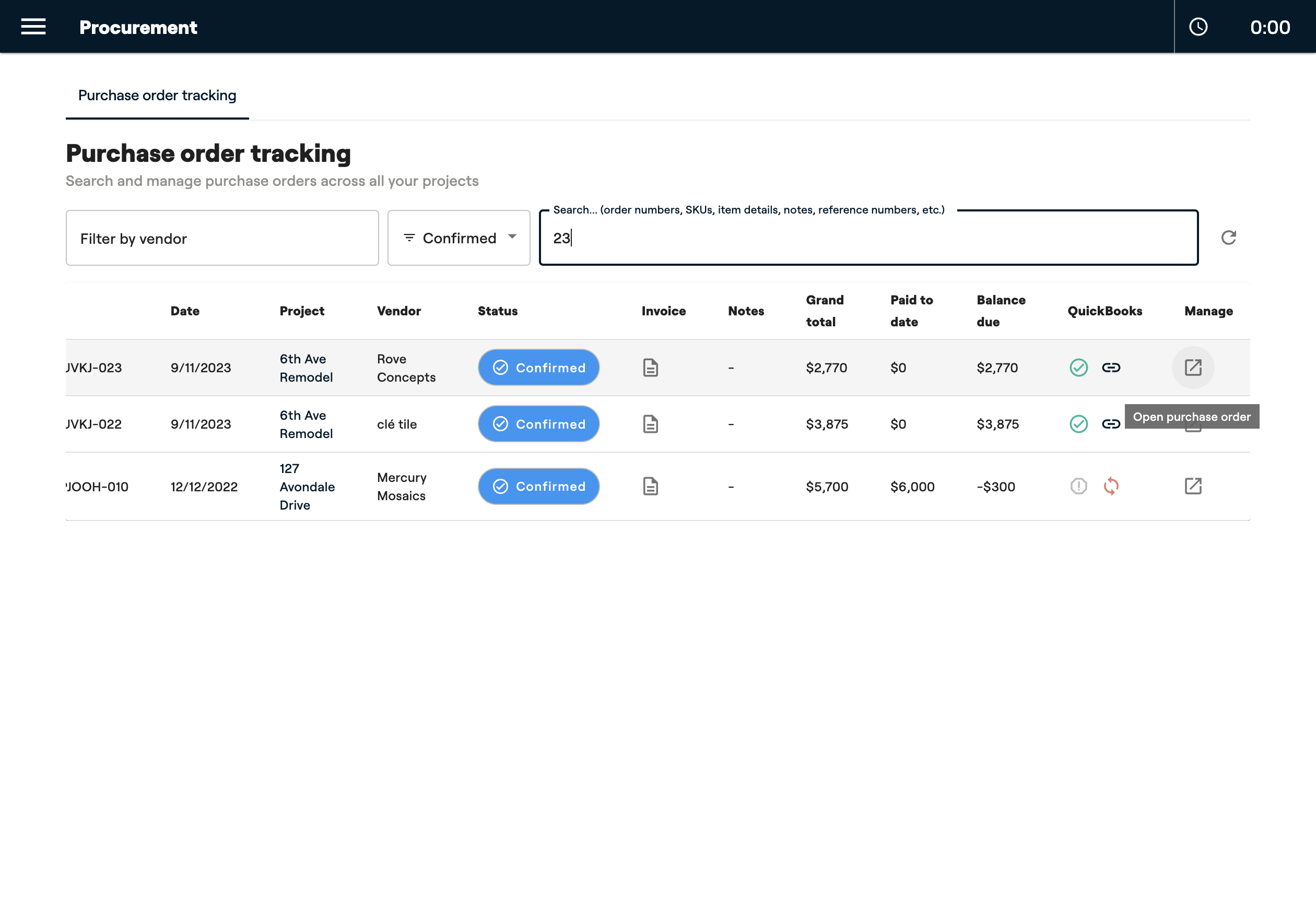 When you need to manage or access the PO, click the arrow icon to open it within a project