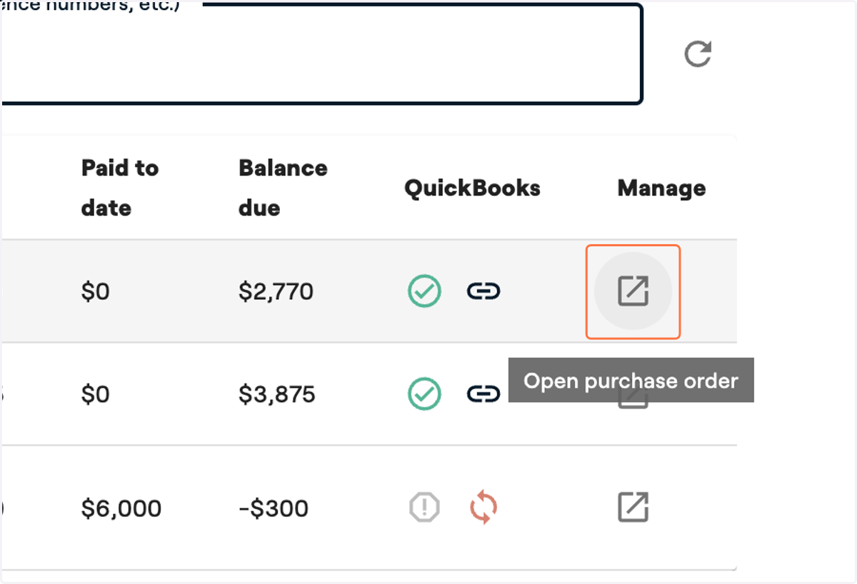 When you need to manage or access the PO, click the arrow icon to open it within a project