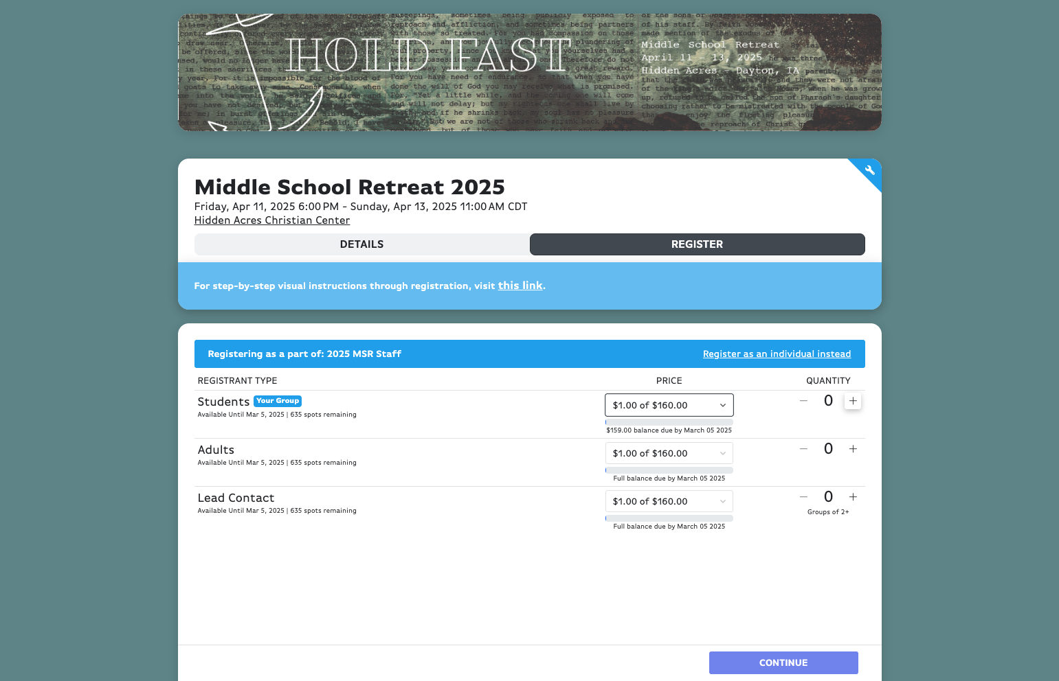 Click on Increment Amount for however many people you are registering.