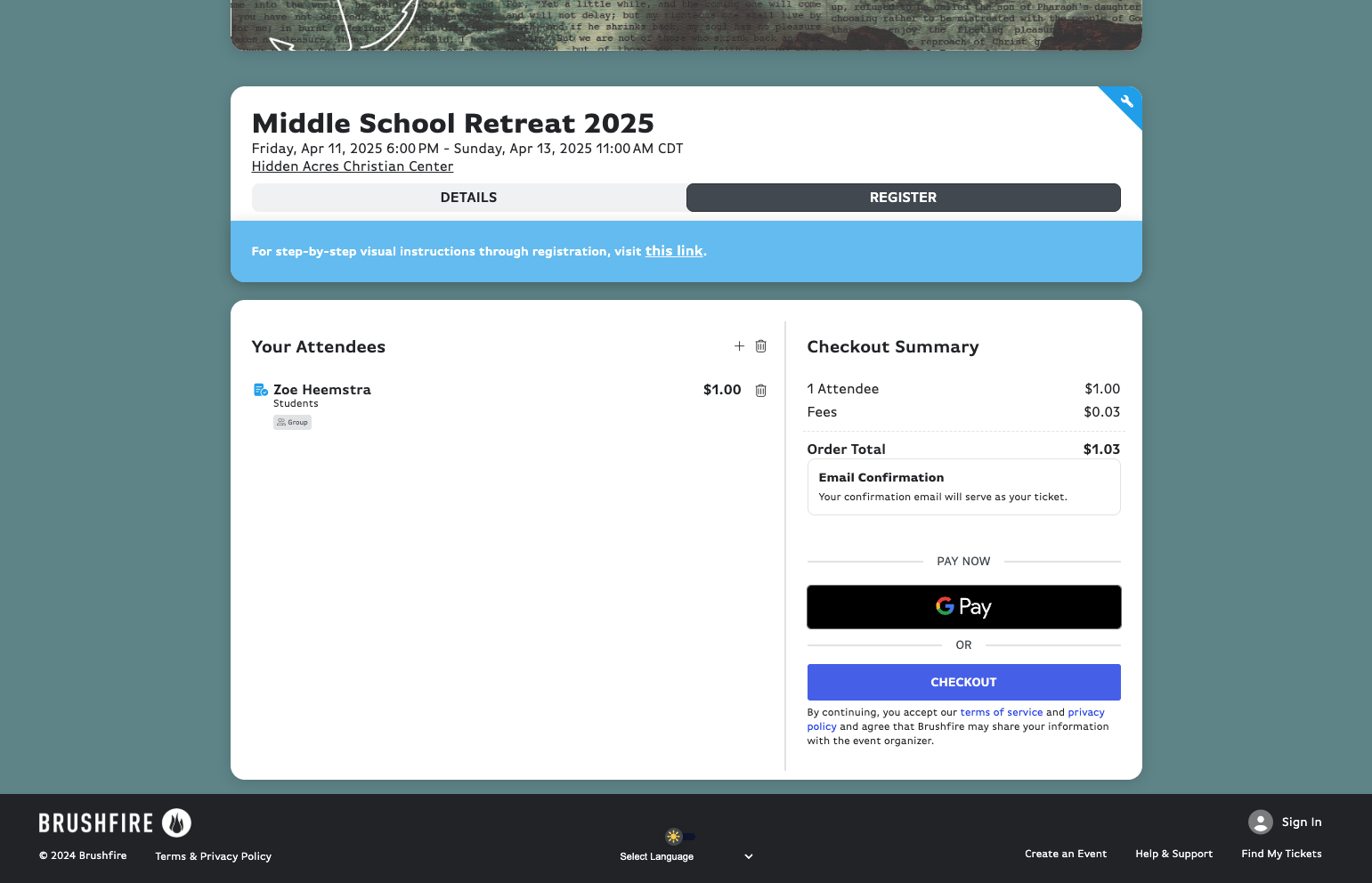 Confirm your registrants and click on CHECKOUT