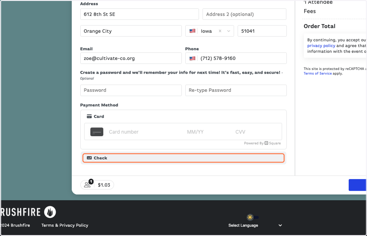 Fill in your card information OR select Check.
