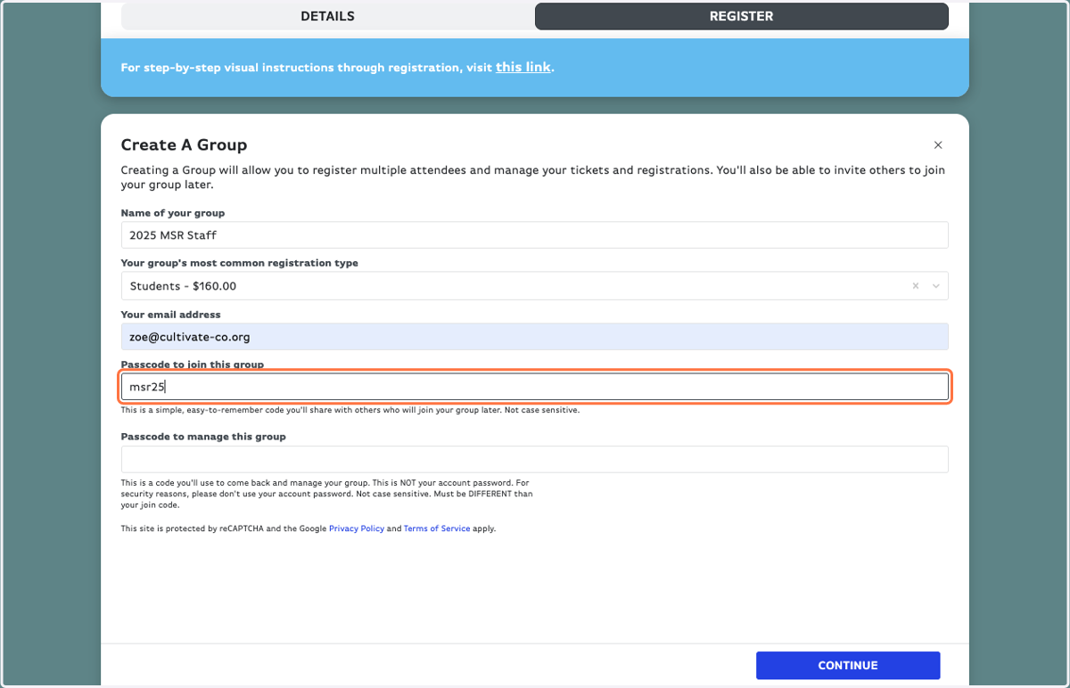 Choose a passcode to join the group (you'll share this with your group)