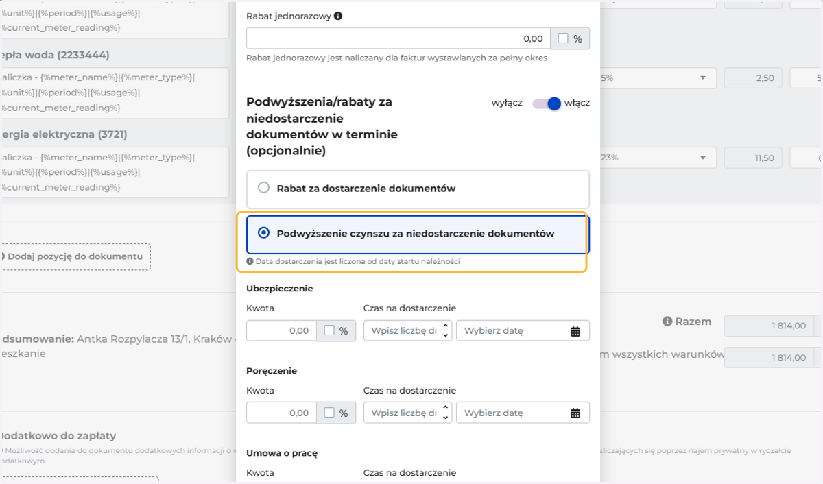 Wybierz opcję Podwyższenie czynszu za niedostarczenie dokumentów