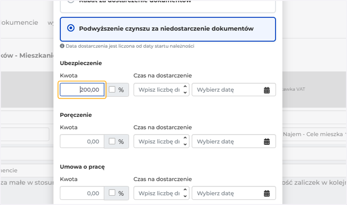 Uzupełnij kwotę lub procent, o jakie ma zostać podniesiony czynsz