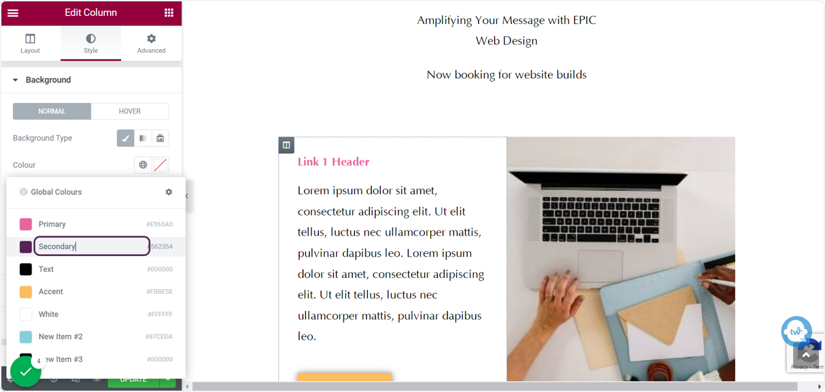 Screenshot of the user selecting a colour from the Global colours popup using Elementor.