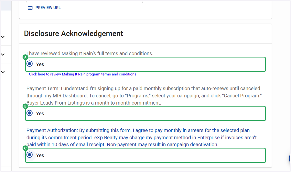 A. Click on Acknowledgements. Select an option B. Select an option C. Select an option
