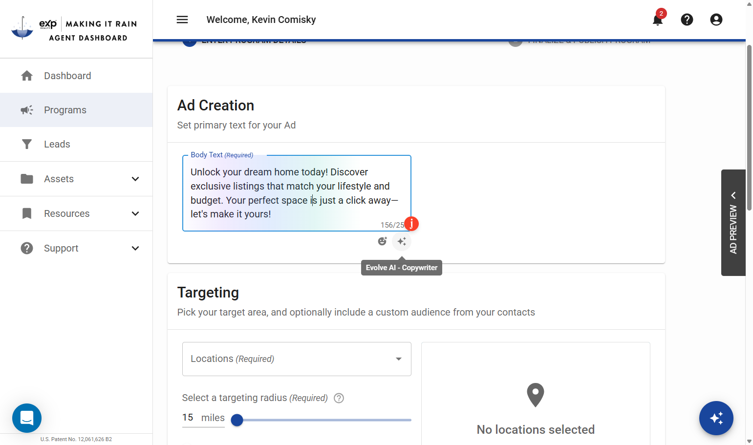 Use the "Evolve AI - Copywriter" tool if you need help writing the ad text.