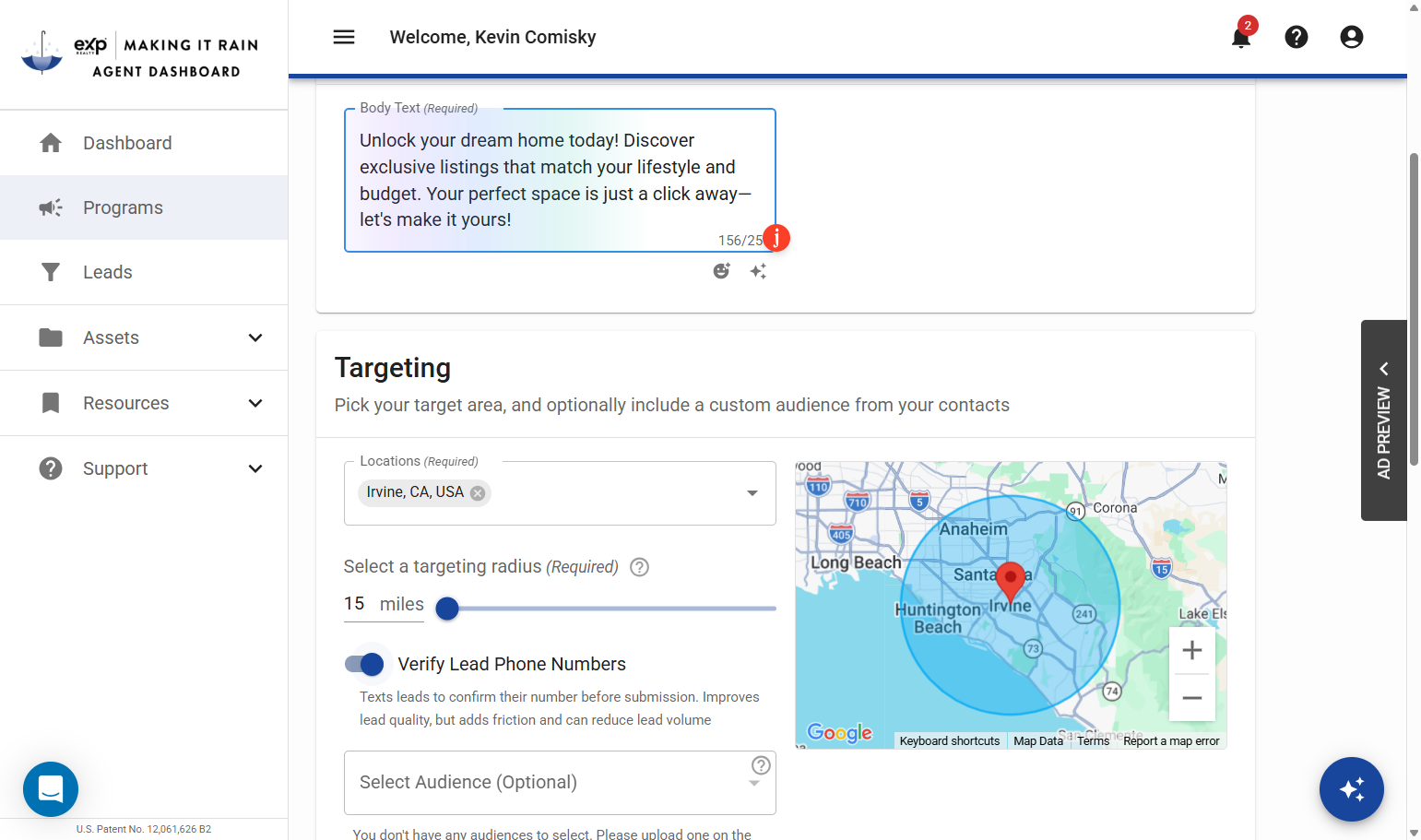 A. Feel free to adjust your geo-targeting radius. B. Select Verify Lead Phone Numbers if desired.