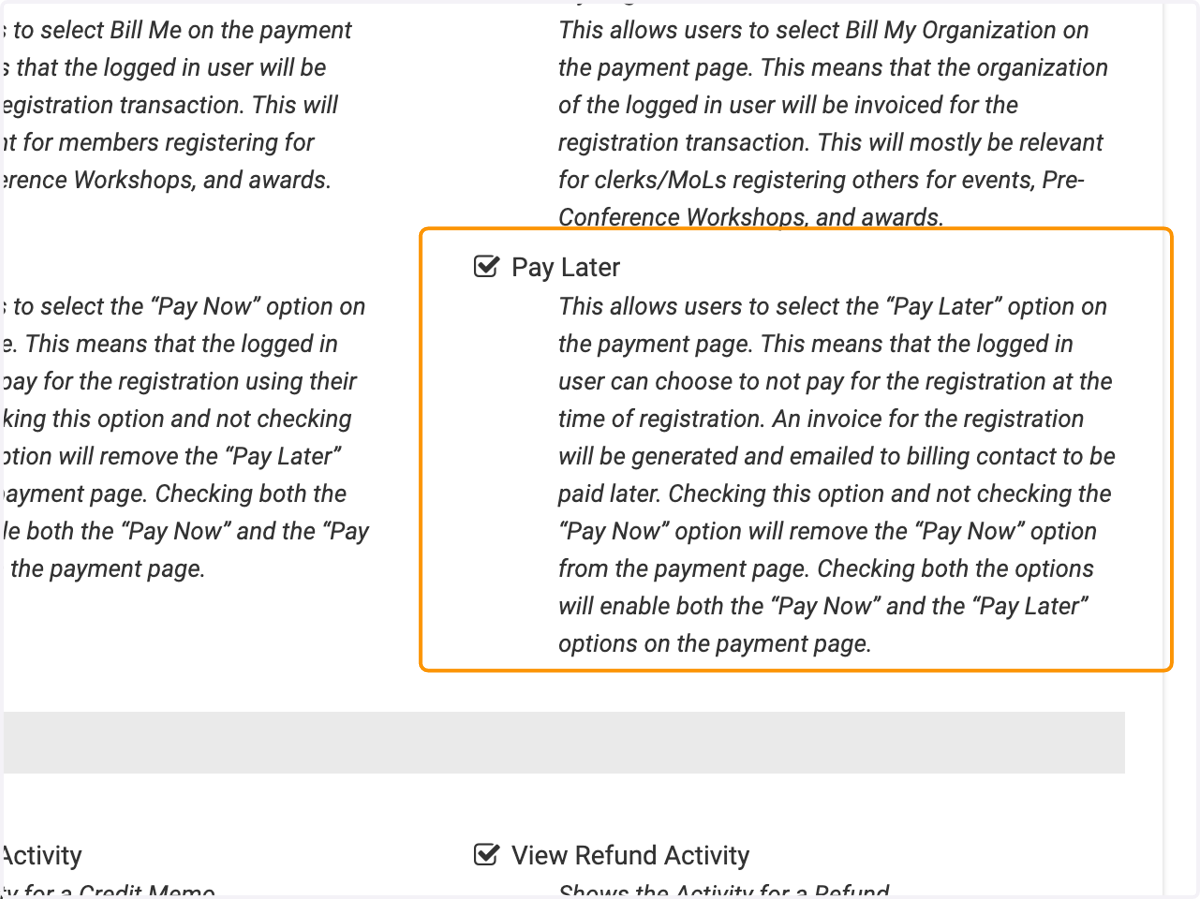 Click on Pay Later to deselect this option if you want this role to only have the option for credit card payments.