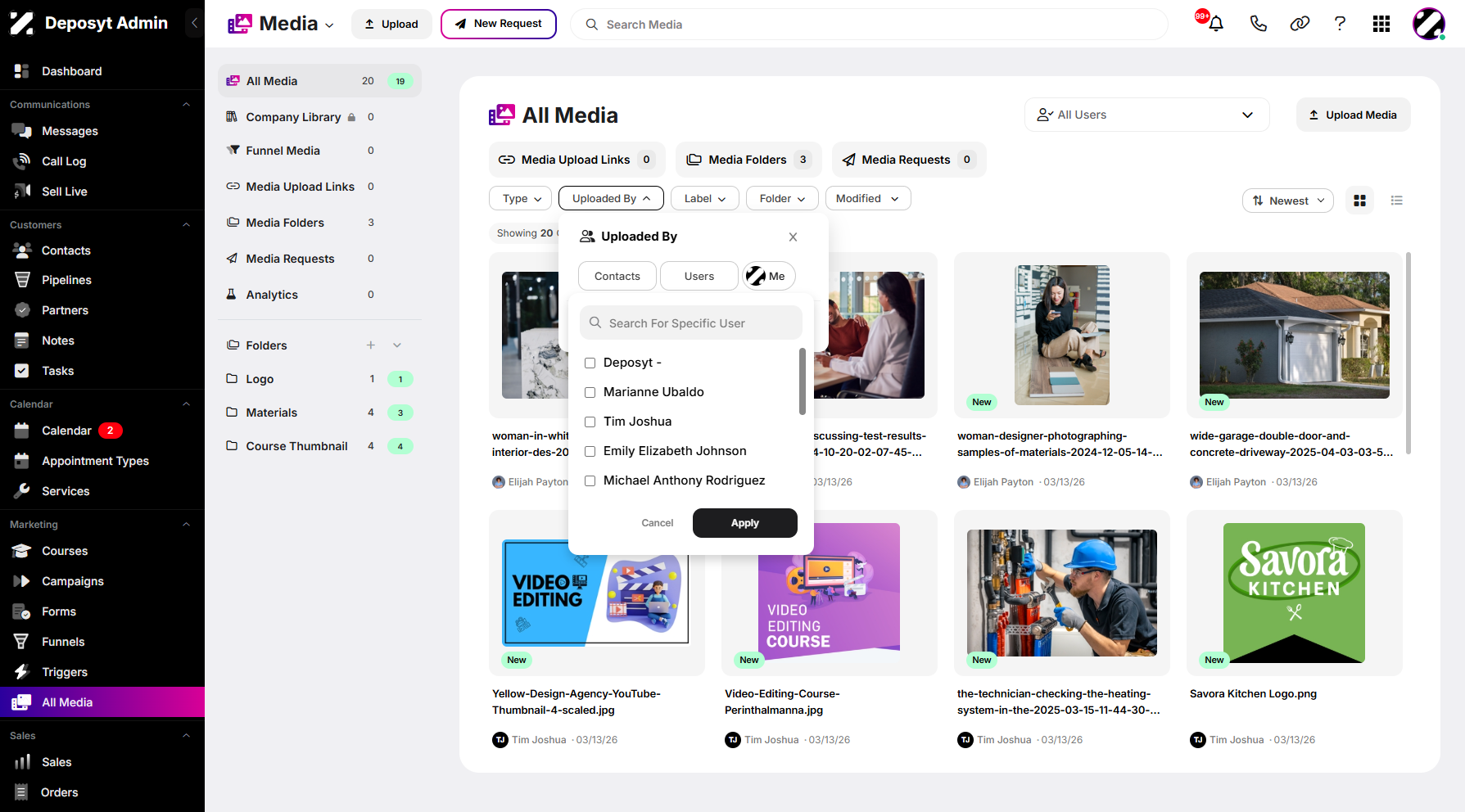 Step 5: You can also filter media by who uploaded it: Contacts, Users, or Me.
