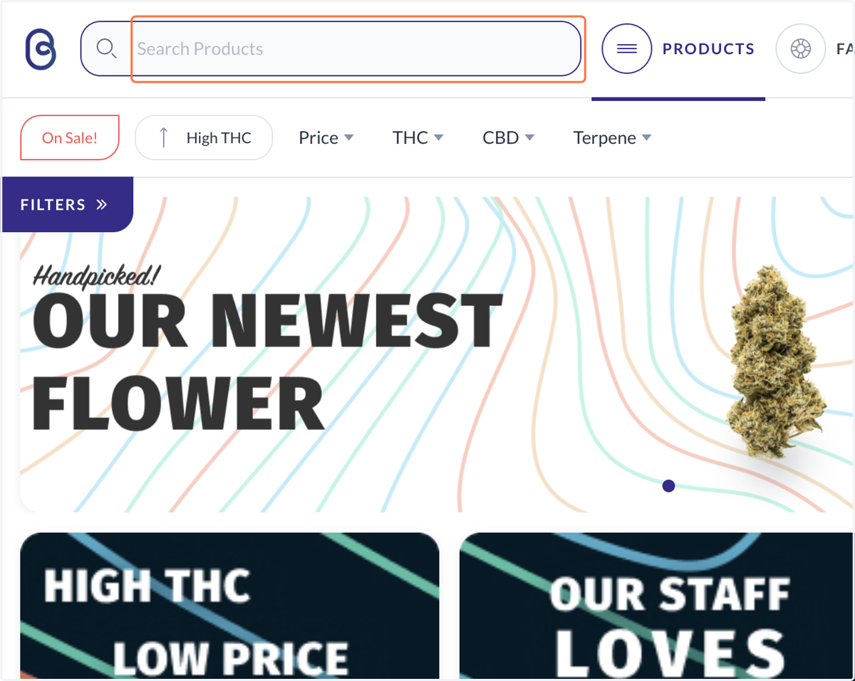 Click on Search Products to type in a Product Name or Scroll down to browse menu