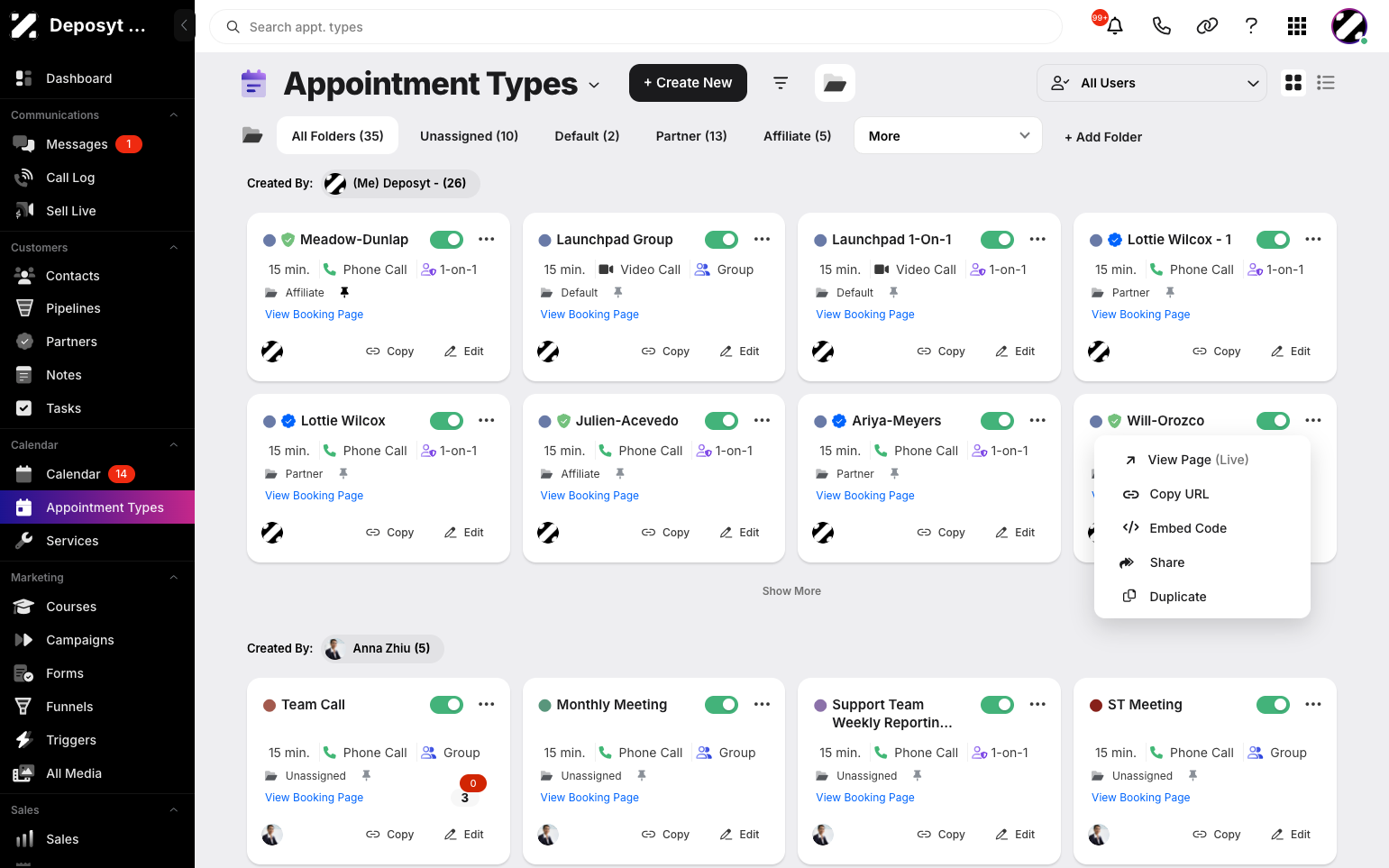 Step 2: In Card View, select an appointment type and click the three-dot menu. A pop-up menu will appear with options to view the live page, copy the URL, get the embed code, share or duplicate.