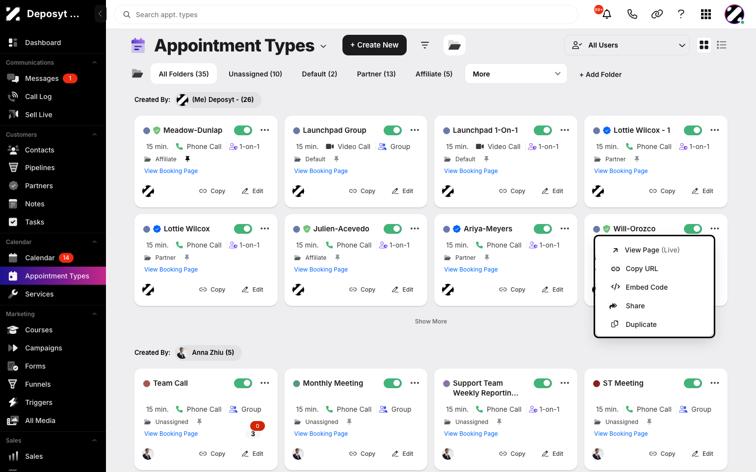 Step 2: In Card View, select an appointment type and click the three-dot menu. A pop-up menu will appear with options to view the live page, copy the URL, get the embed code, share or duplicate.
