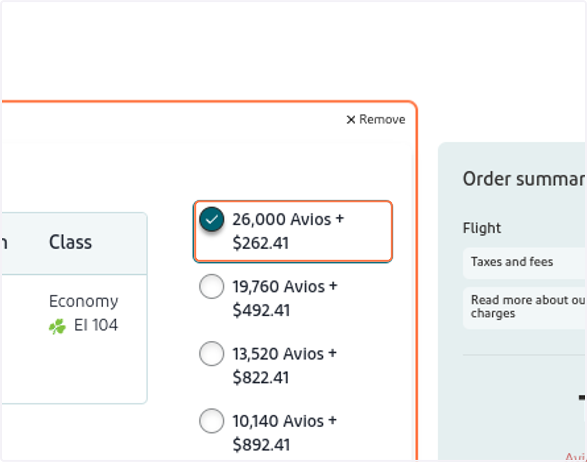 Select 26,000 Avios + $262.41…