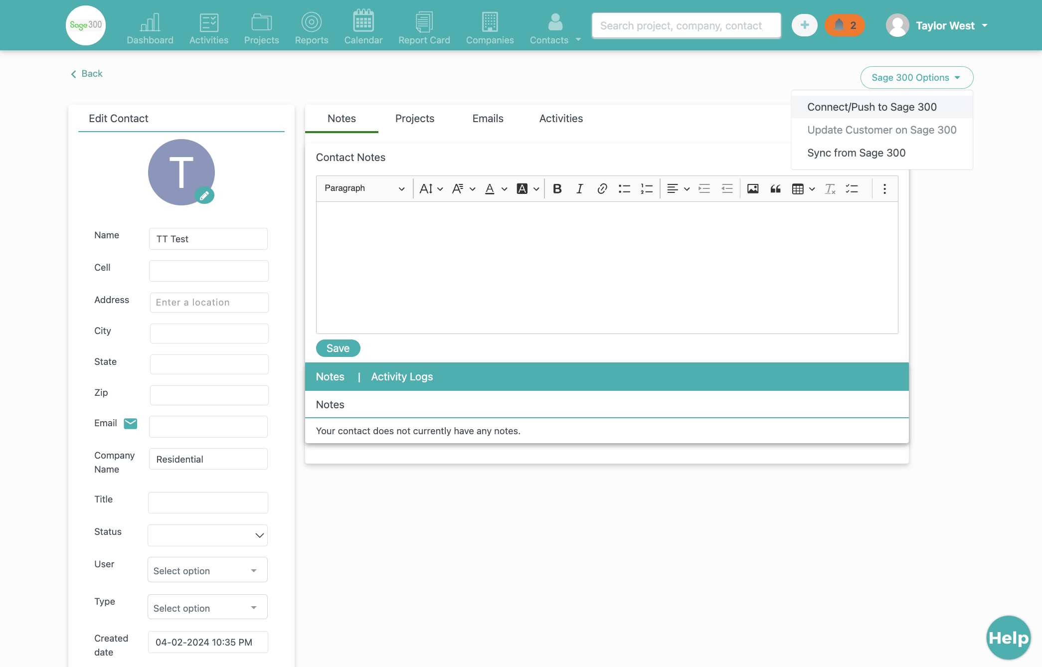 Click on Connect/Push to Sage 300