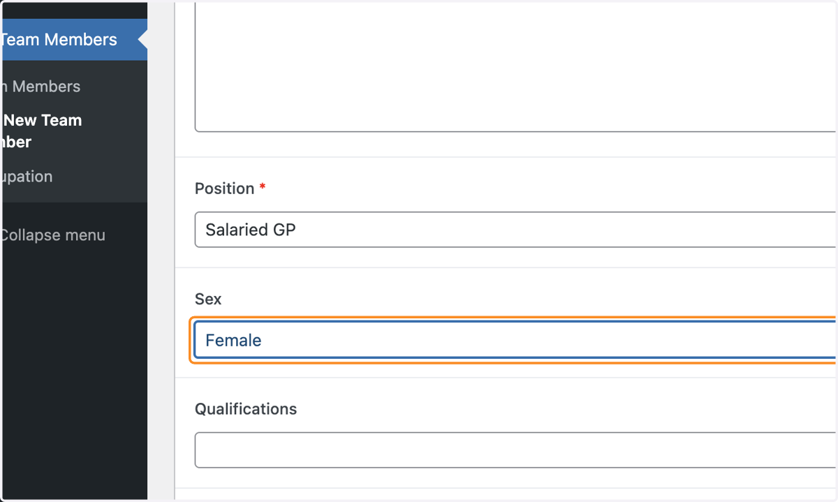 The Sex drop-down with Female selected