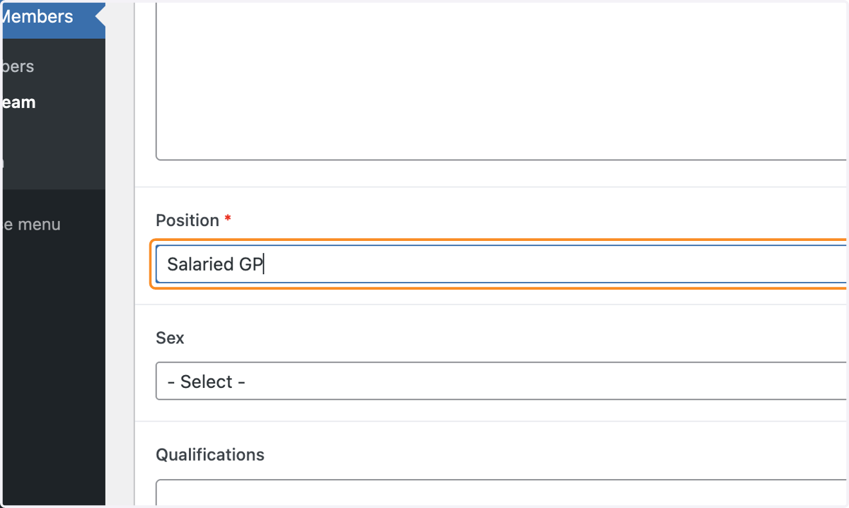 The Position box with "Salaried GP" typed