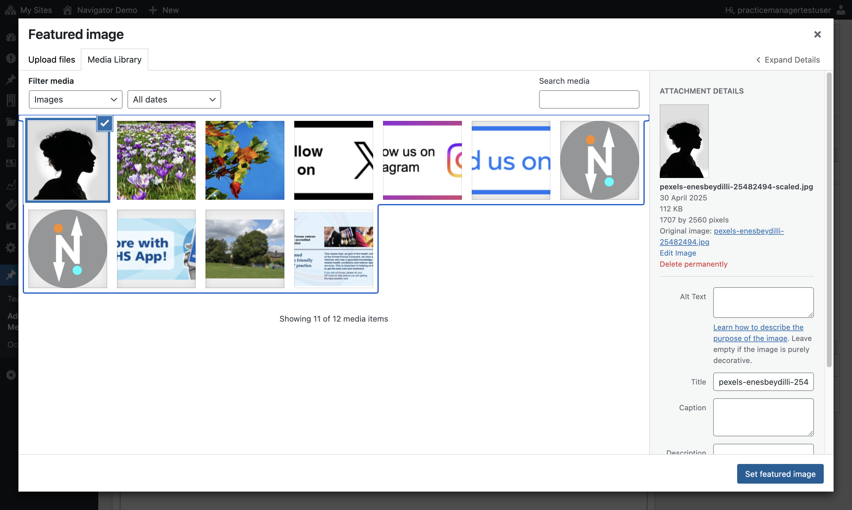 The Media Library with the Set featured image button selected.