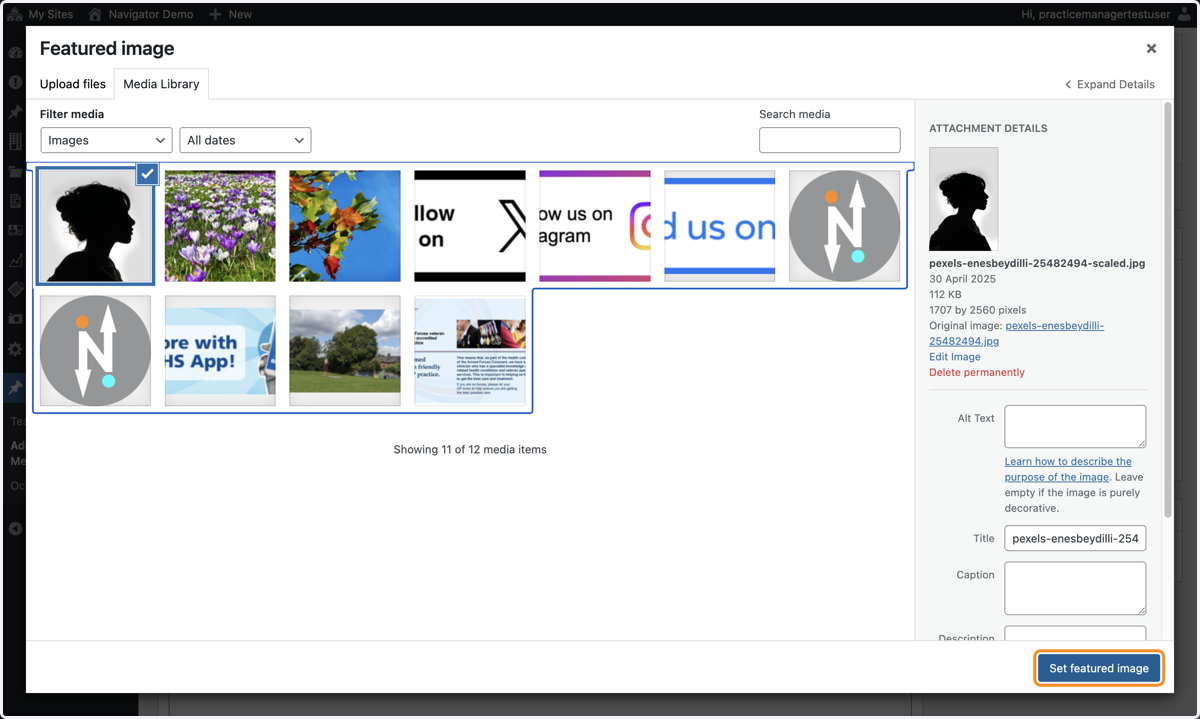 The Media Library with the Set featured image button selected.