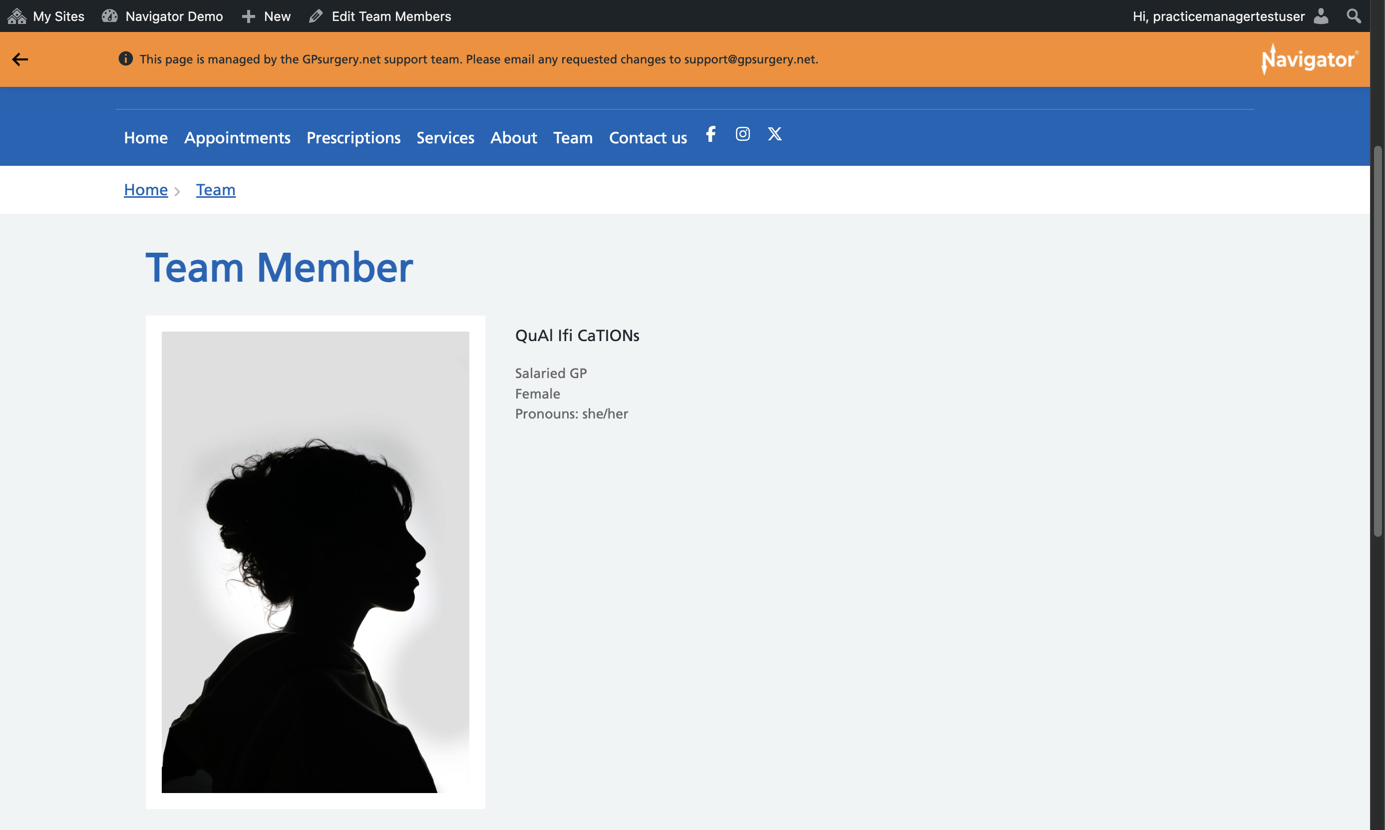 The new team member's individual page.