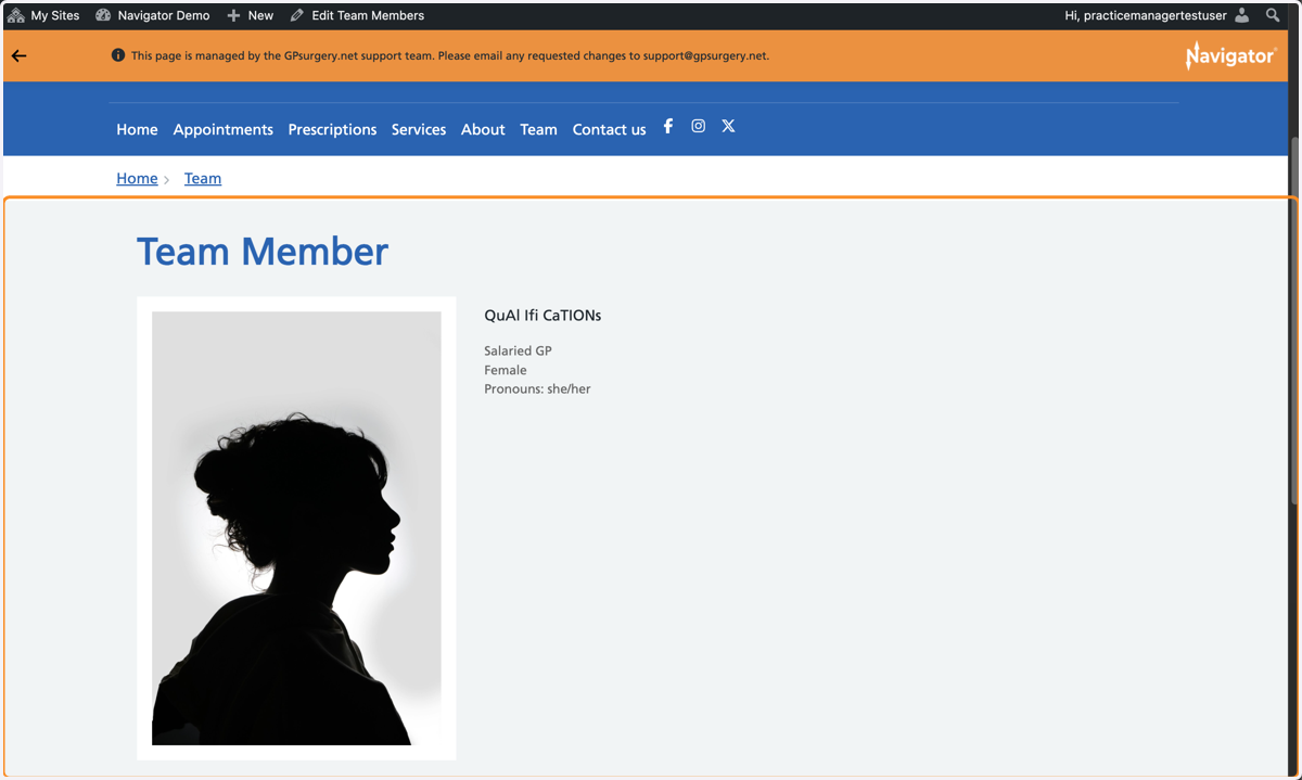 The new team member's individual page.
