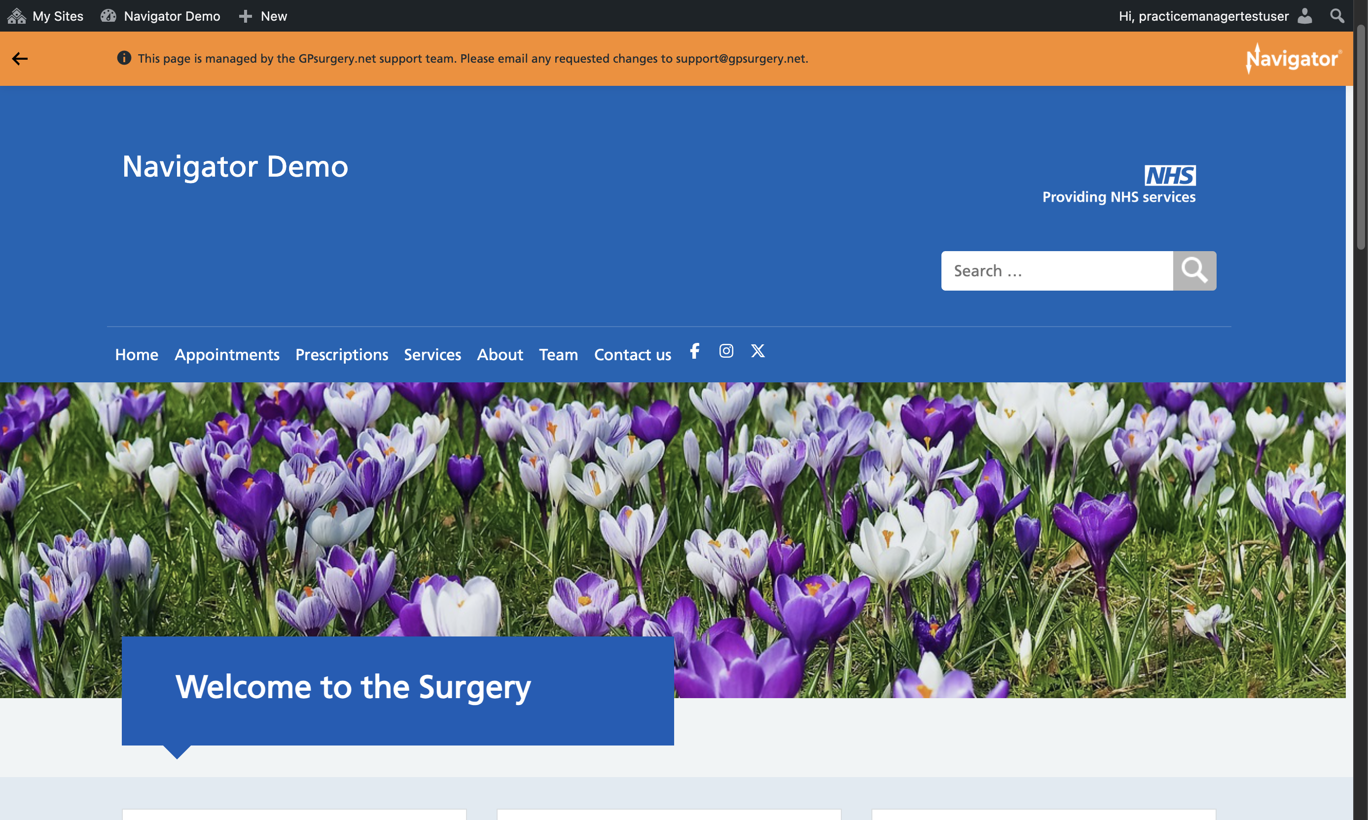 The homepage of a GPsurgery.net Navigator website with the admin toolbar and Navigator toolbar visible at the top of the screen.