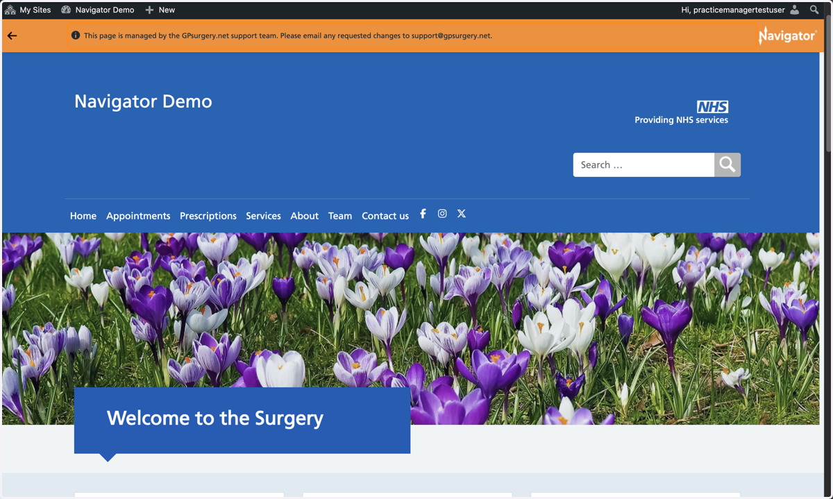 The homepage of a GPsurgery.net Navigator website with the admin toolbar and Navigator toolbar visible at the top of the screen.