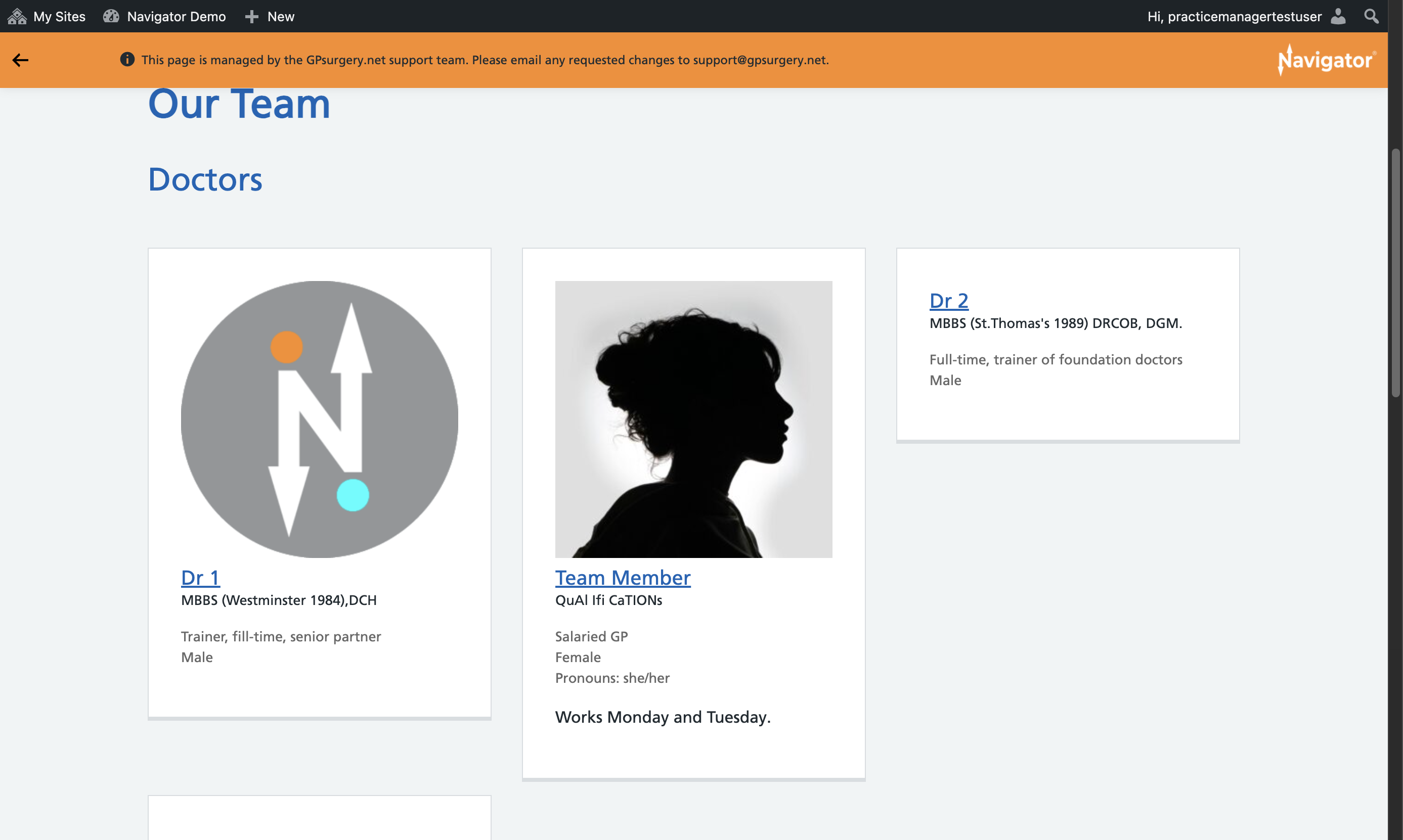 The Team page with the new team member visible in the Doctors occupation category.