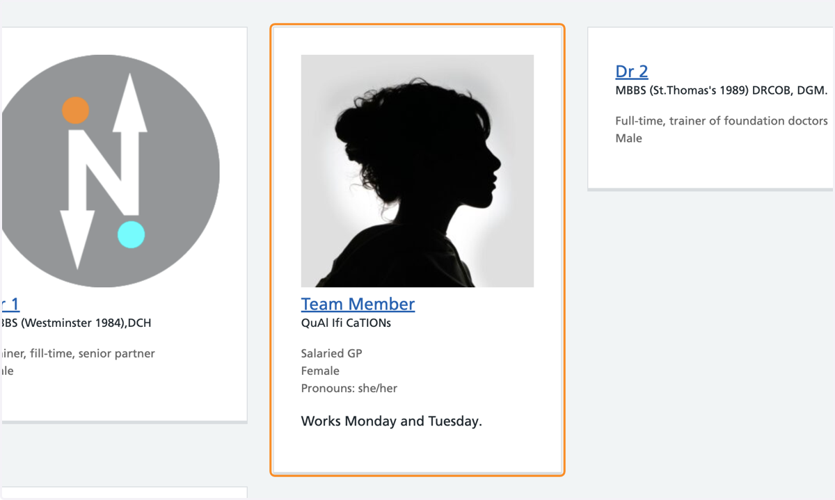 The Team page with the new team member visible in the Doctors occupation category.