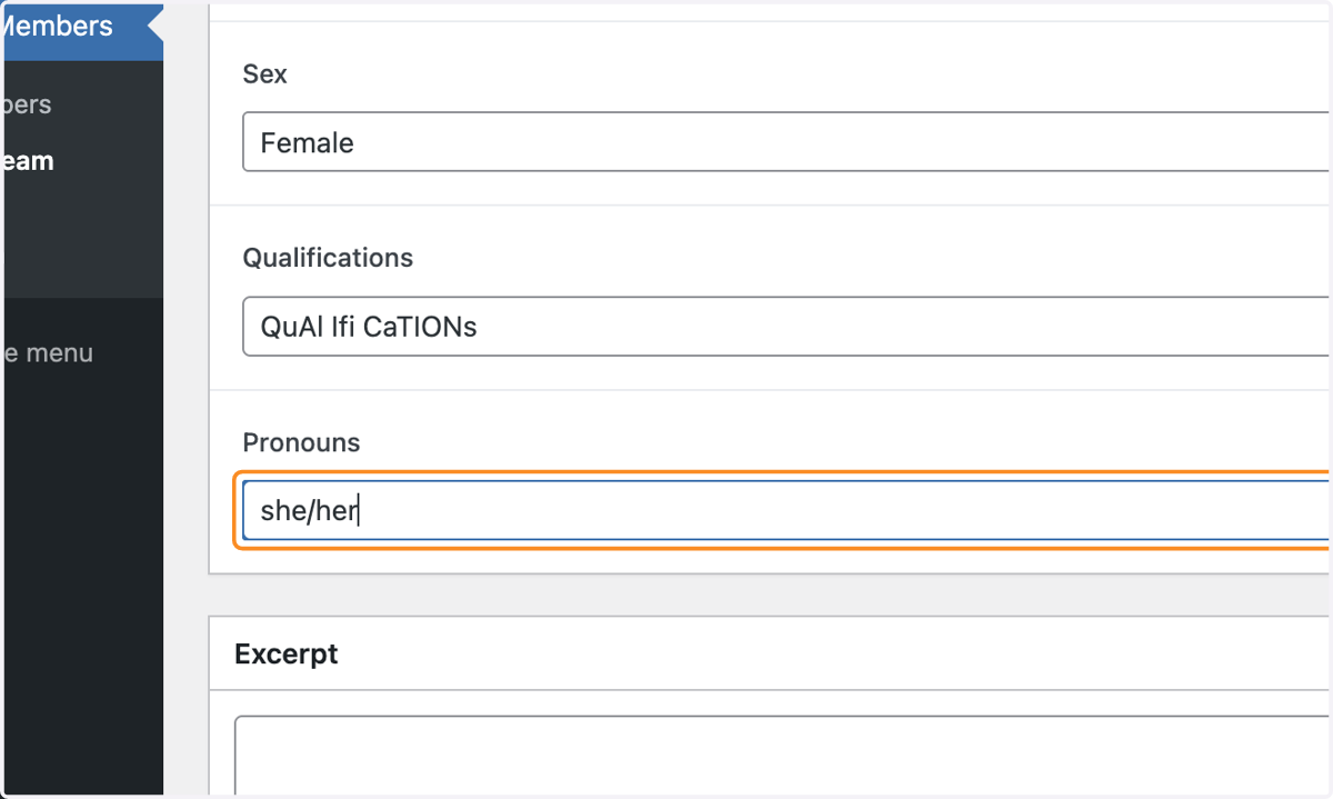 The pronouns box with she/her typed.