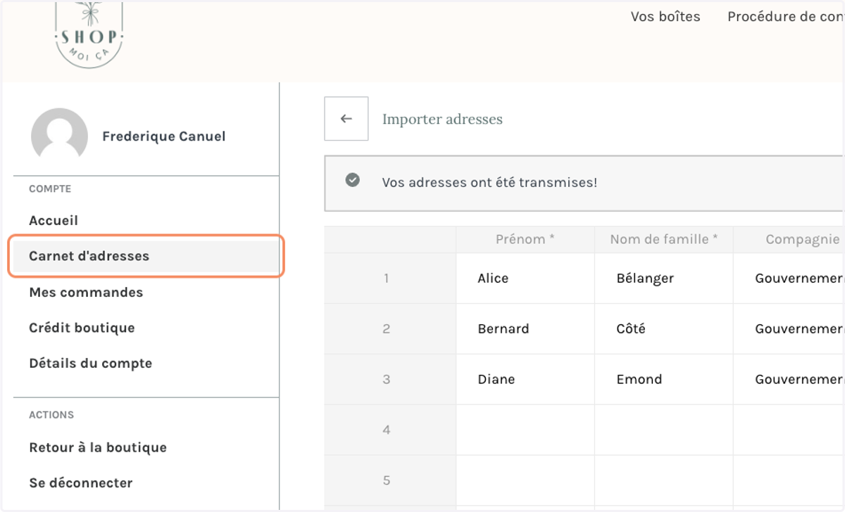 Suite à la notification "Vos adresses ont été transmises", cliquer sur Carnet d'adresses