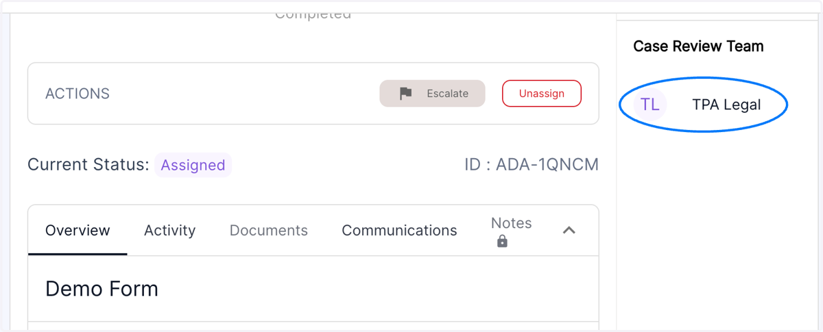 As an admin, you will be able to view the TPA legal role assignment in the Case review team in the right panel.