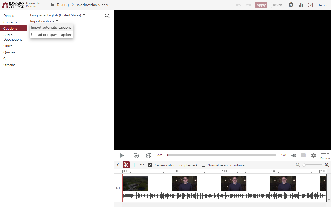 Pull down the captions menu and select Import automatic captions.