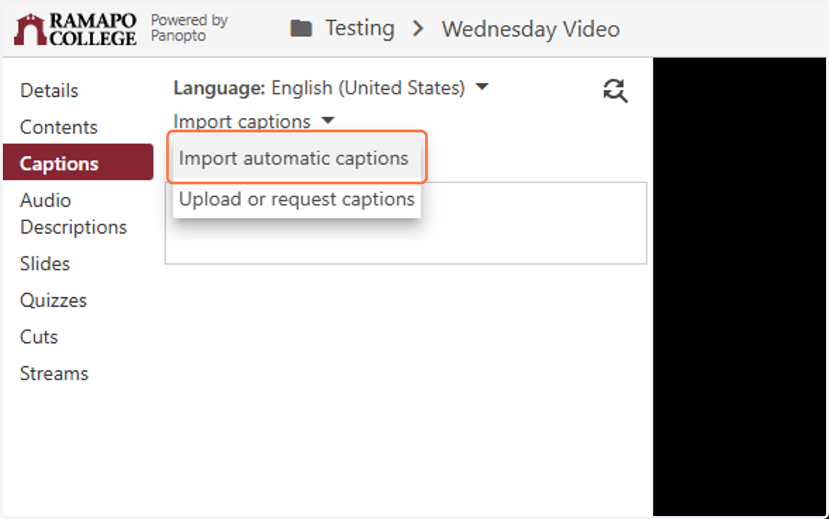 Pull down the captions menu and select Import automatic captions.