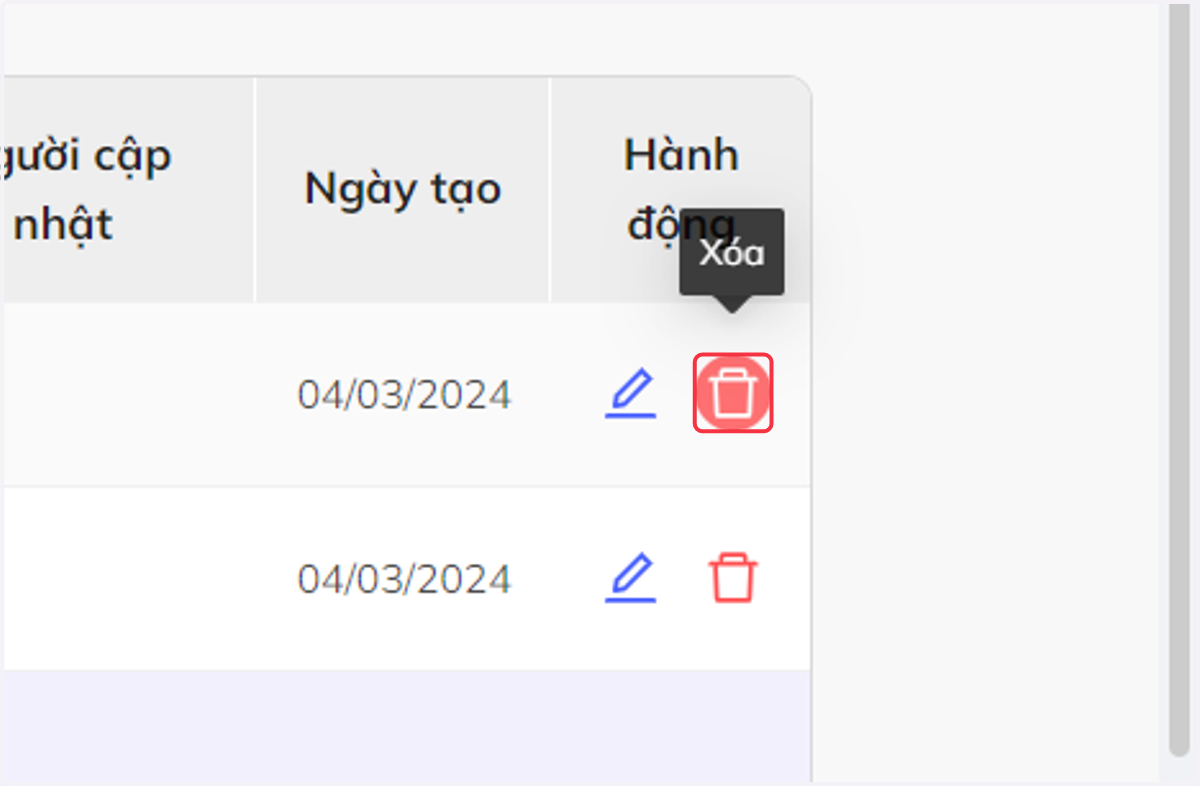 Nhấn chọn biểu tượng cây bút để chỉnh sửa câu hỏi hoặc biểu tượng thùng rác để xóa câu hỏi
