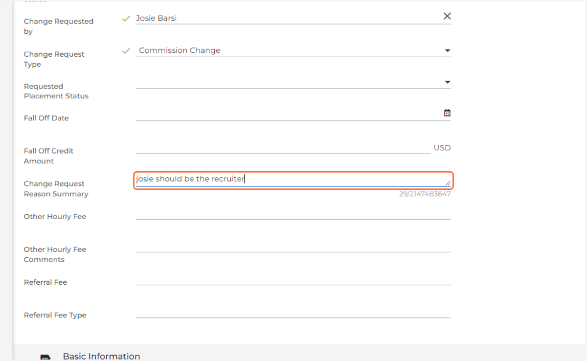 Add Change Request Reason Summary