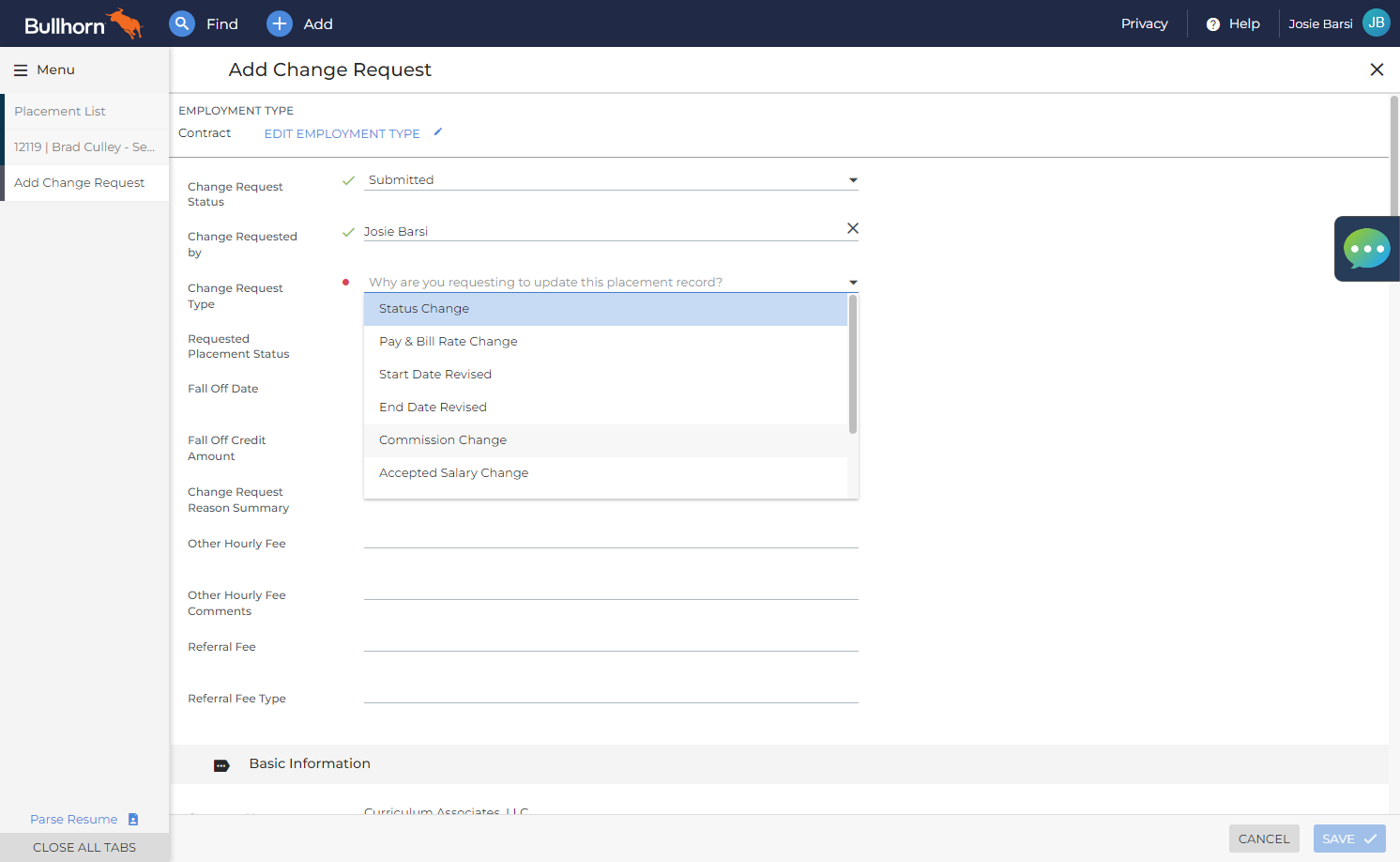 Change Request Type: Select Commission Change