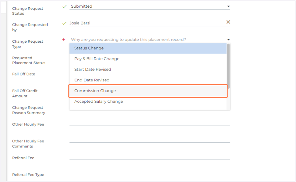 Change Request Type: Select Commission Change