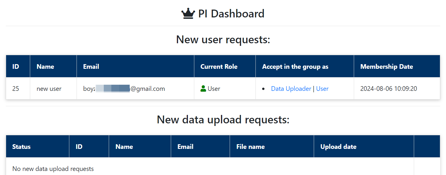 In the "New User Requests Section", you will see one of your group members submits a request to you and wants to be the Data Uploader.