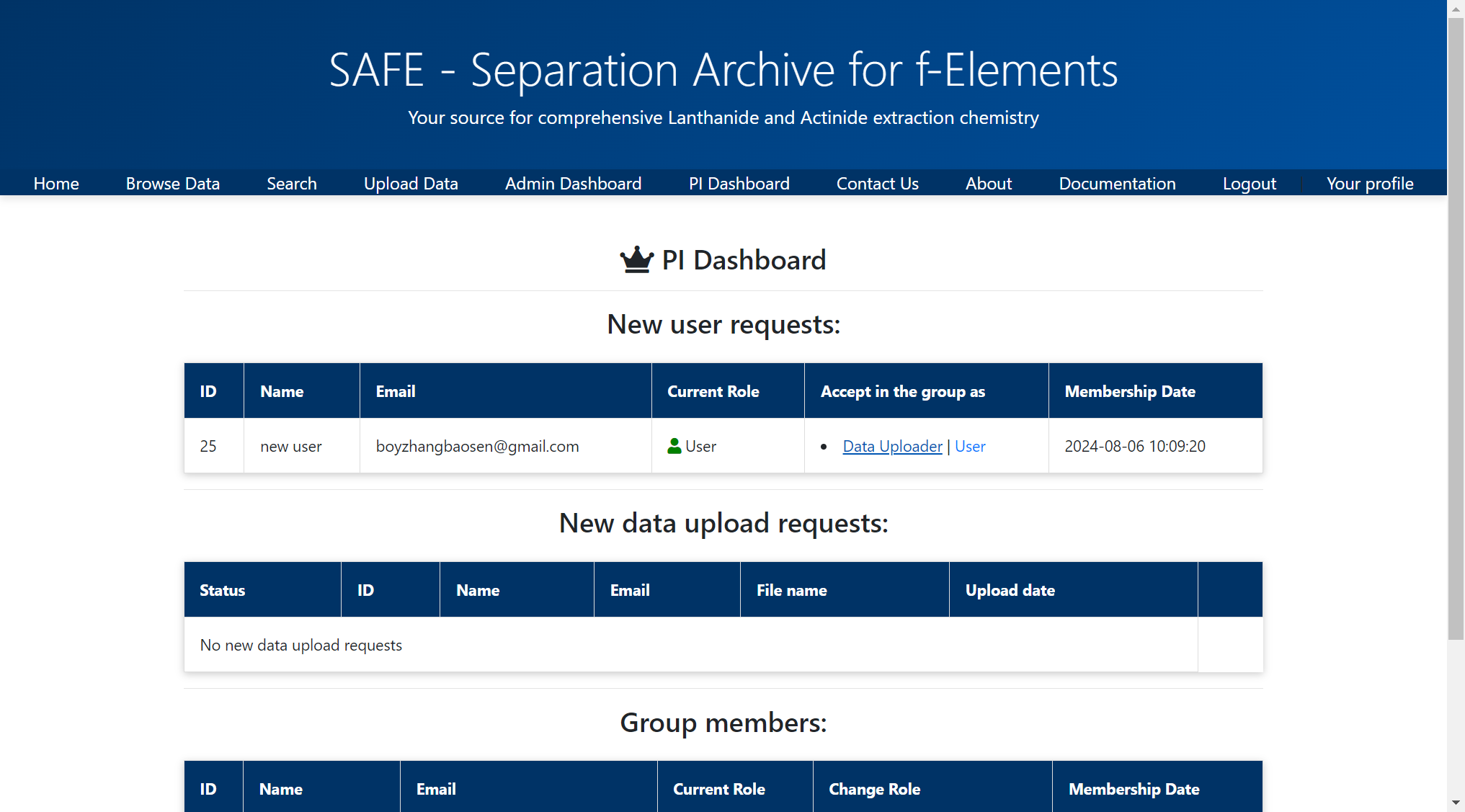 If the request comes from your student or group member, then click on "Data Uploader" to approve the request and allow your group member to upload the data.