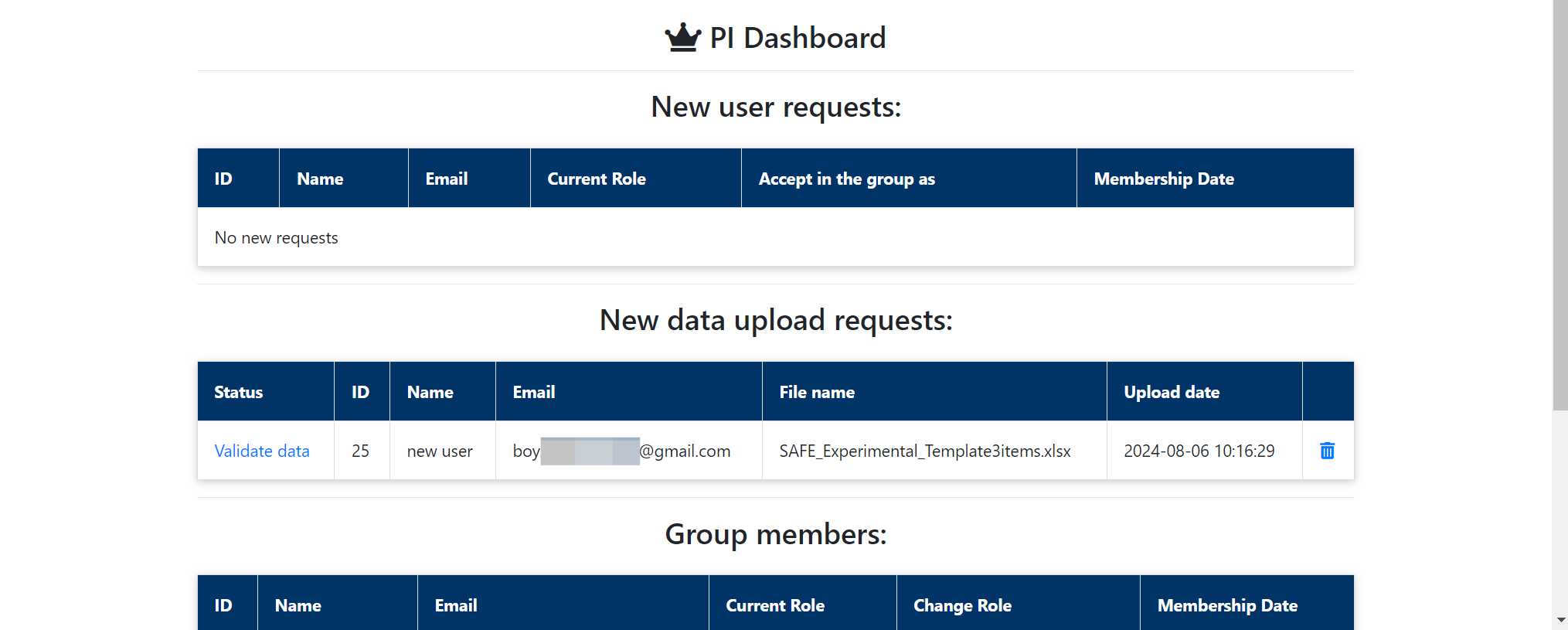 Once your student uploads the data, you will see the data in the "New data upload requests" section.