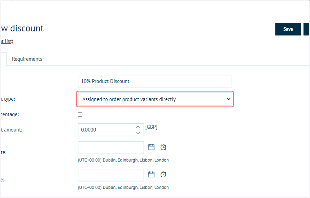 Select Assigned to order product variants directly from Discount type