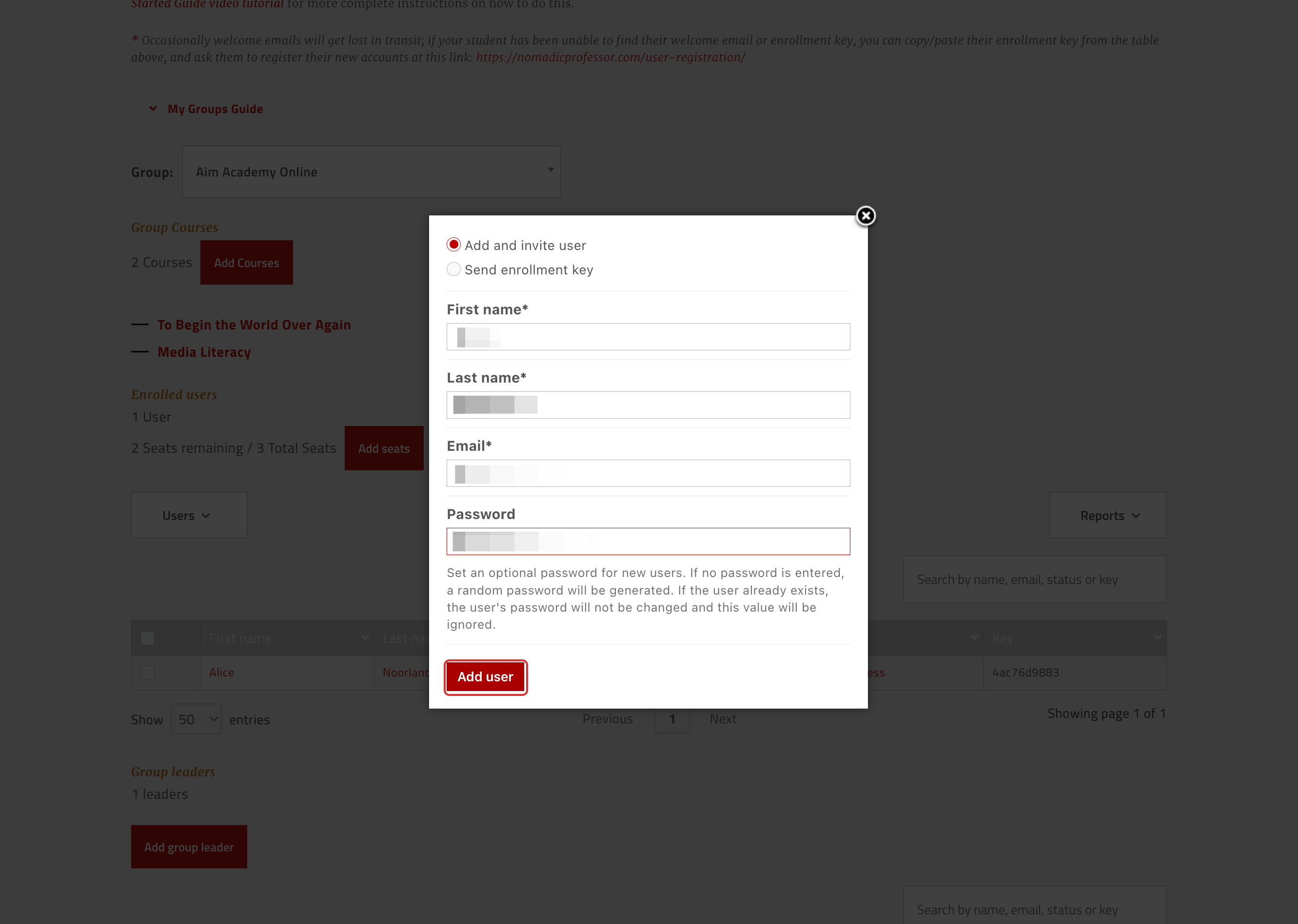 Click on "Add user"