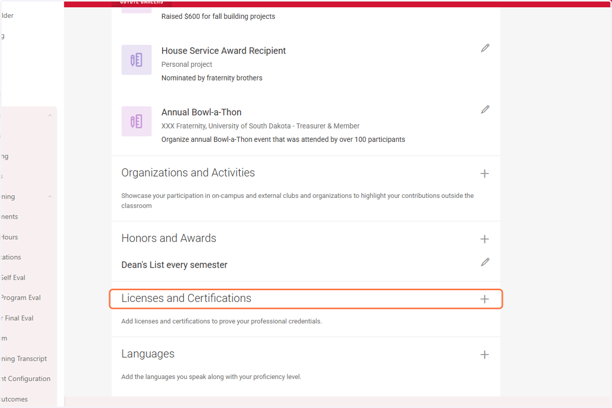 Click on Licenses and Certifications to add/edit