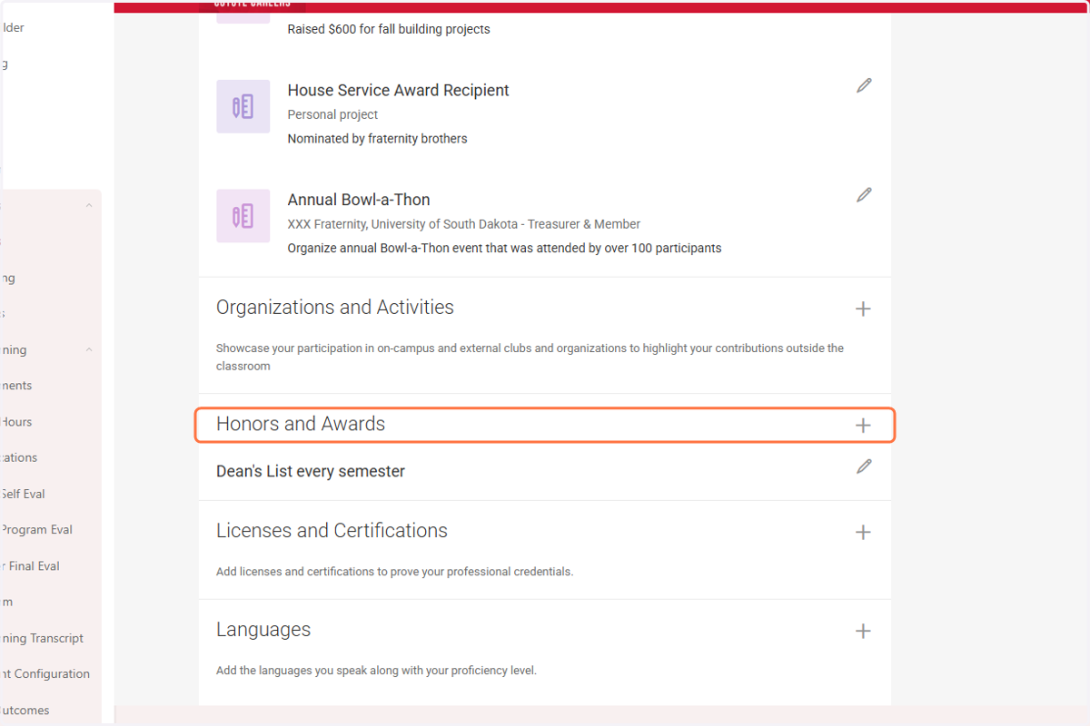 Click on Honors and Awards to add/edit