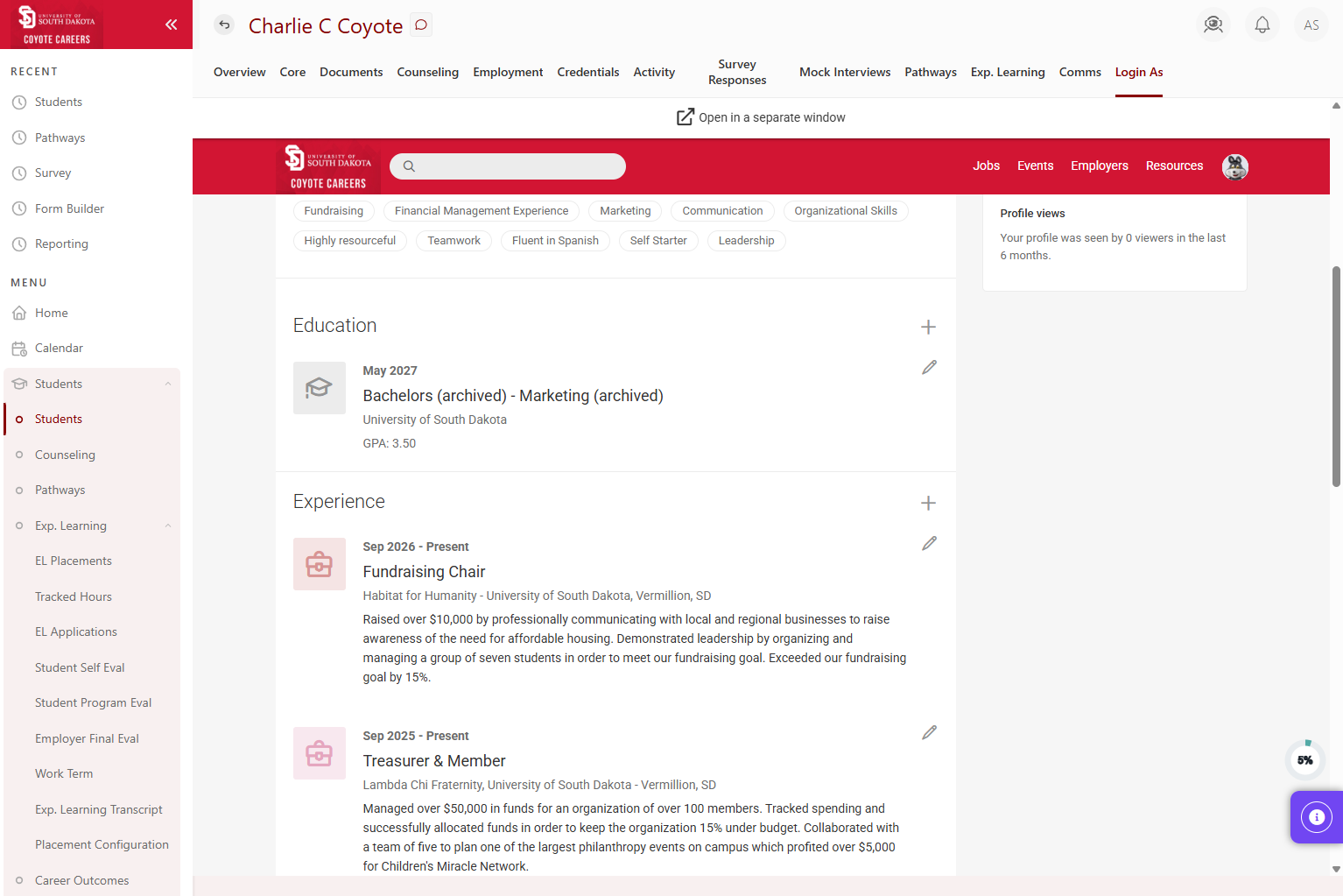Click on Experience to add any additional experiences