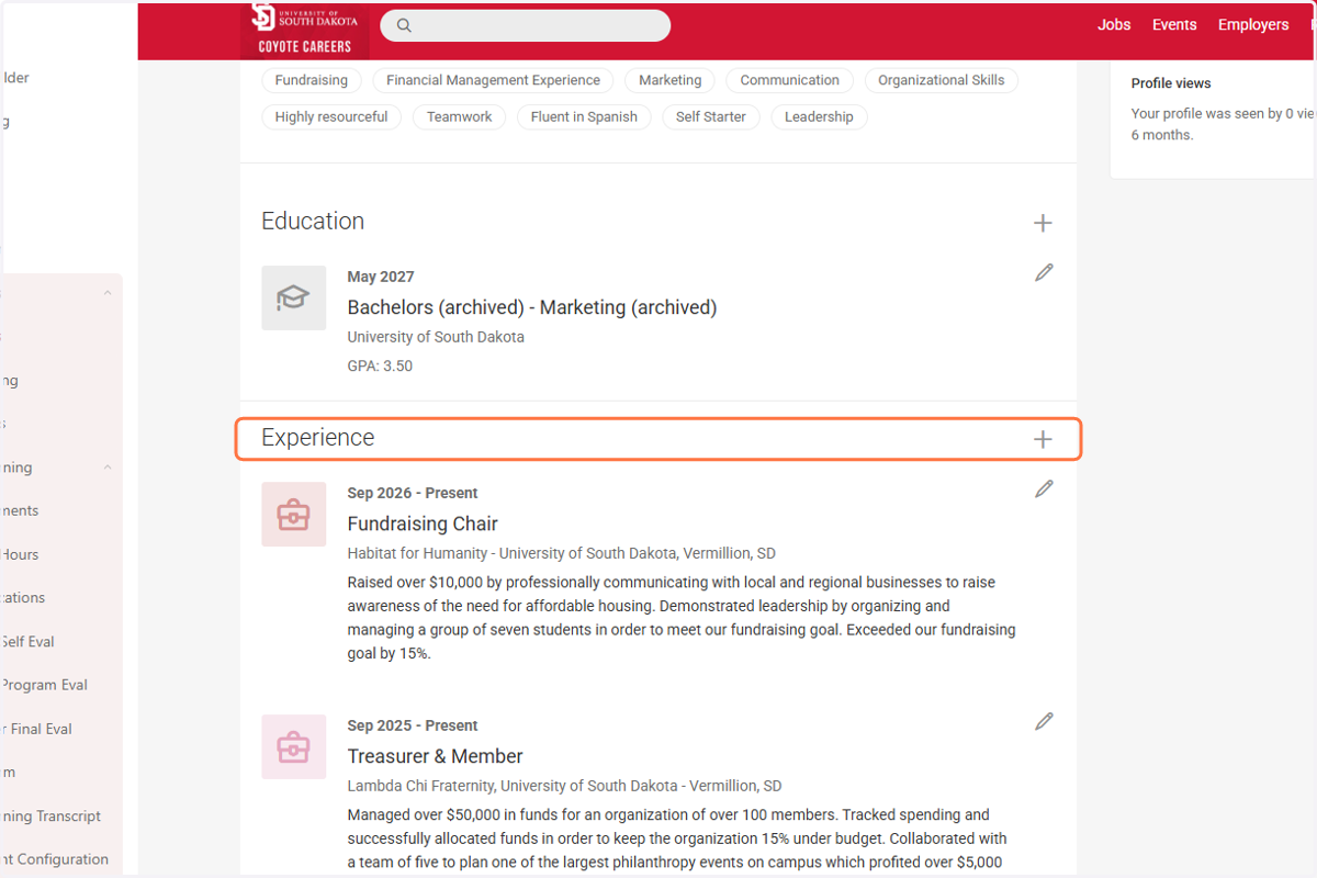 Click on Experience to add any additional experiences